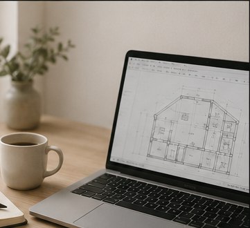 Escritorio de trabajo con notebook mostrando un plano arquitectónico, café y libreta de notas